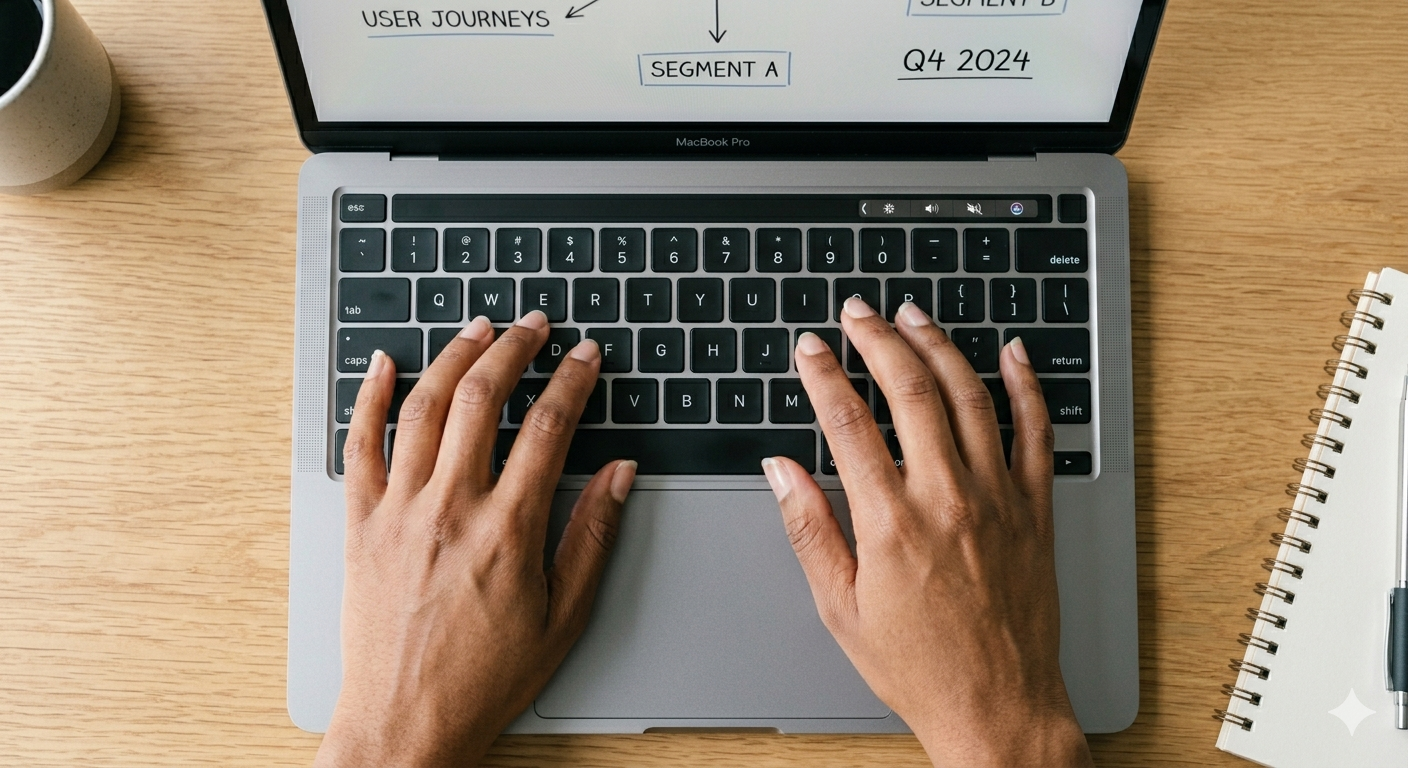 Person working on marketing strategy at a laptop with coffee and notebook on a wooden desk
