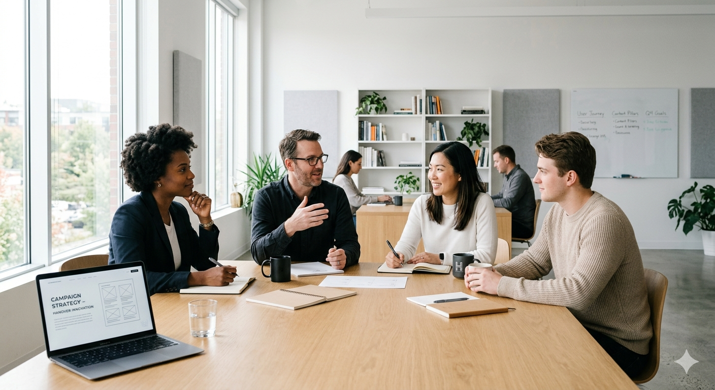 Diverse team of professionals collaborating around a conference table in a bright modern office