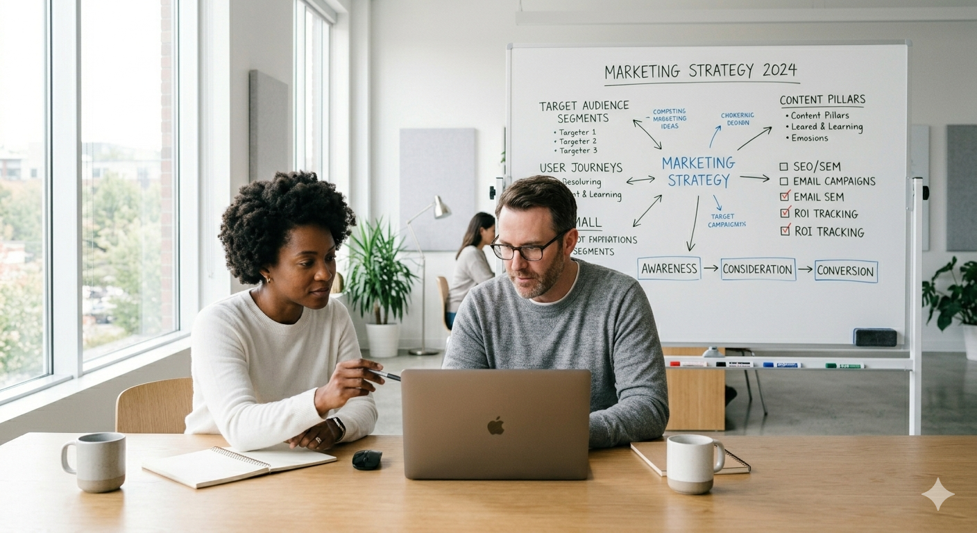 Two marketing professionals reviewing a strategy board with campaign planning elements