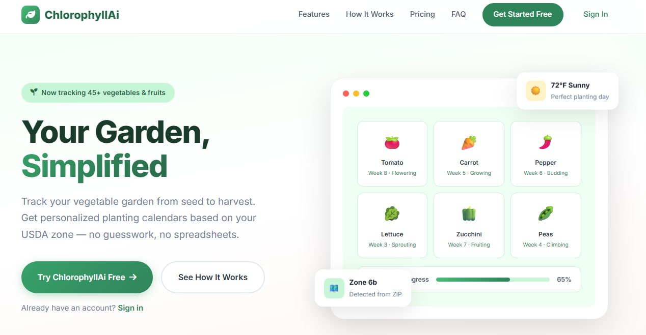 ChlorophyllAI app homepage showing garden tracking dashboard
