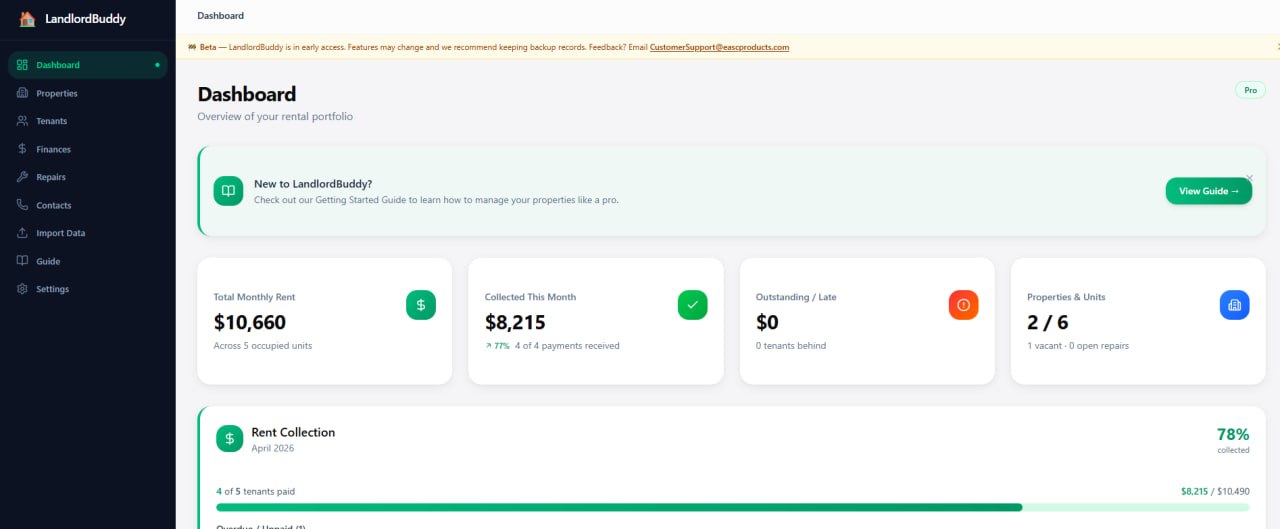 LandlordBuddy dashboard showing rent collection and property overview